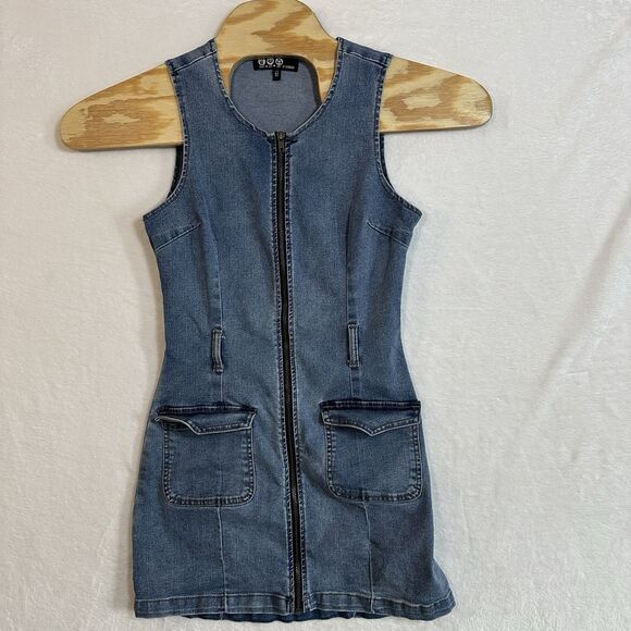REWASH Recycled Zip Front Dress Women’s Size M Stretch Denim Jean Pockets - Picture 1 of 16